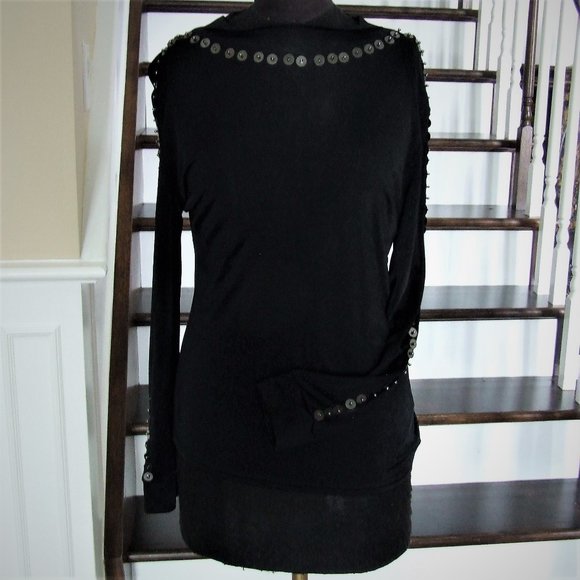 Black Fancy Beaded Turtleneck Stretchy Top Boat Neck M - Picture 1 of 7